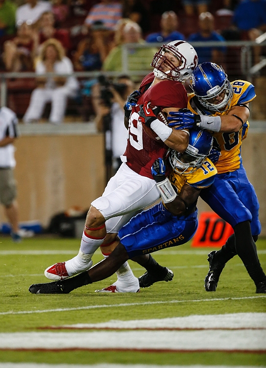 130907-Stanford-SanJose-008.JPG - Sept.7, 2013; Stanford, CA, USA; Stanford Cardinal wide receiver Devon Cajuste (89) scores on a 40 yard pass in the first quarter against the San Jose State Spartans at  Stanford Stadium.